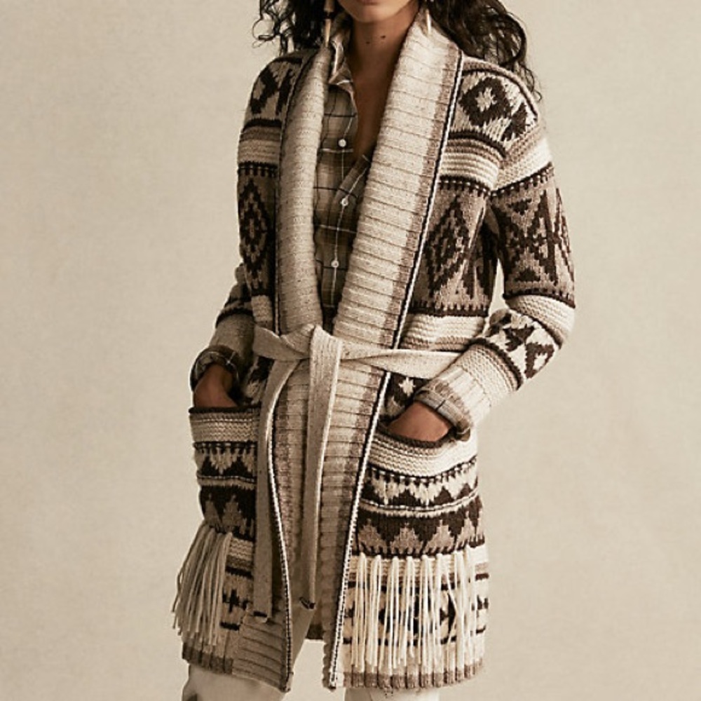 Polo Ralph Lauren Fringe-Trim Shawl Cardigan Sz S